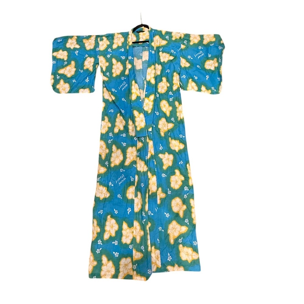 Vintage Sugarless Gal Japanese Yukata Kimono Robe Blue Hibiscus Floral Cotton‎